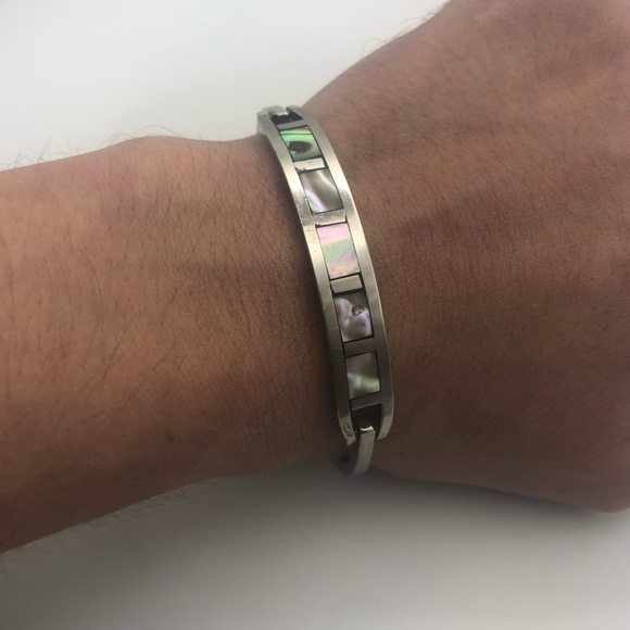 VTG Sterling Silver & Abalone Inlay Pinch Bracelet 6.6” / 2.1” Diameter - Picture 6 of 10